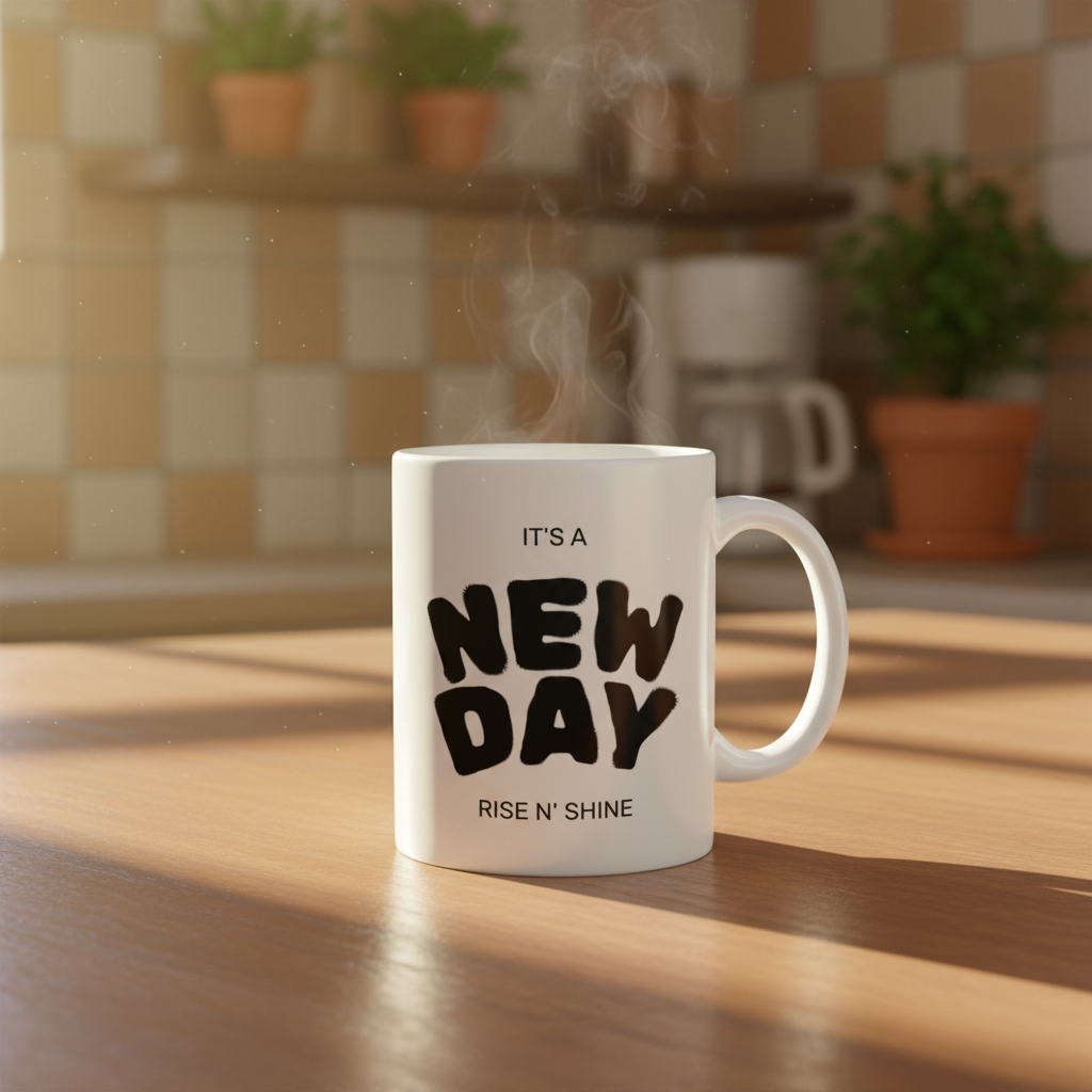New Day Ceramic Mug — “It’s a New Day, Rise N’ Shine” Inspirational Coffee Cup (11oz, 15oz)