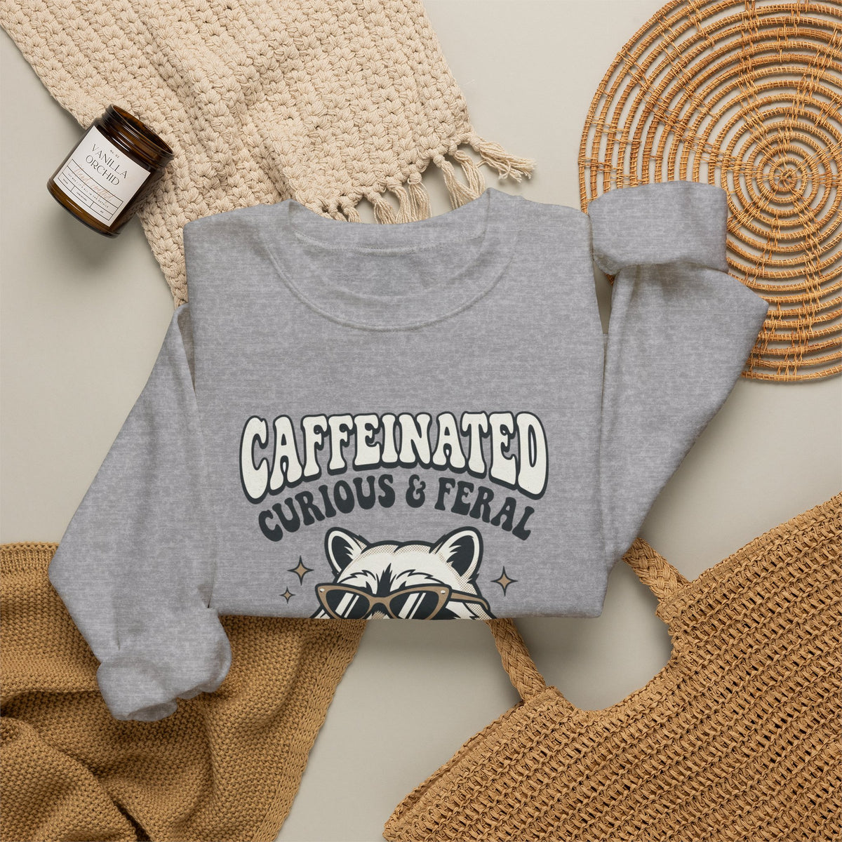 Caffeinated Curious & Feral Raccoon Crewneck Sweatshirt | Feral Raccoon Aesthetic