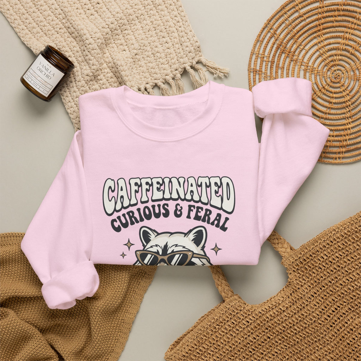 Caffeinated Curious & Feral Raccoon Crewneck Sweatshirt | Feral Raccoon Aesthetic