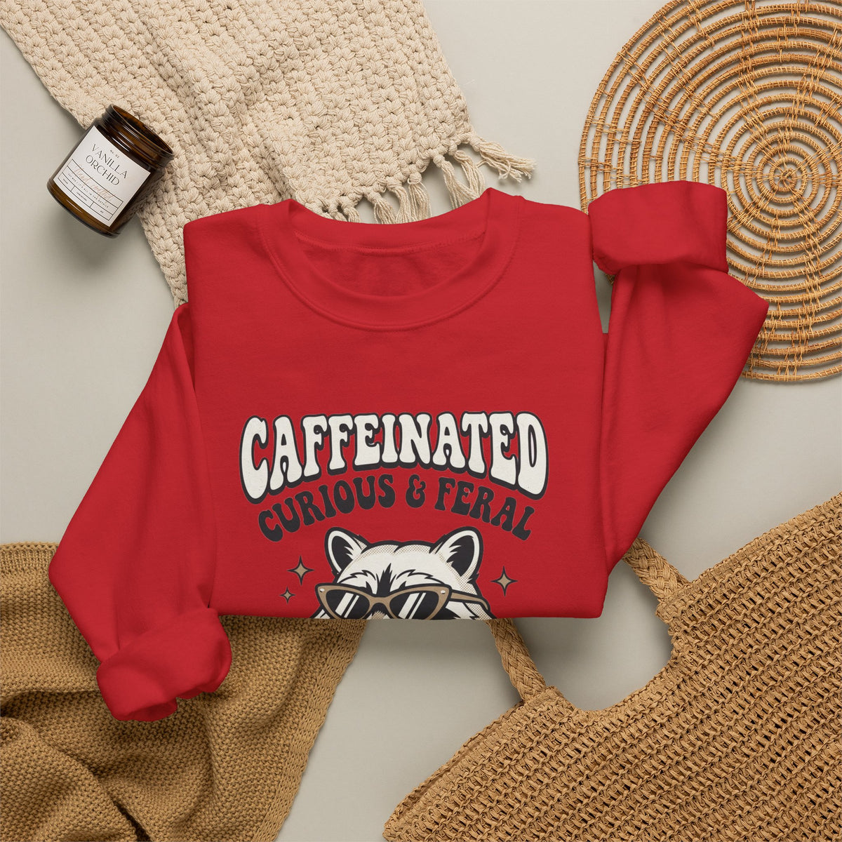 Caffeinated Curious & Feral Raccoon Crewneck Sweatshirt | Feral Raccoon Aesthetic